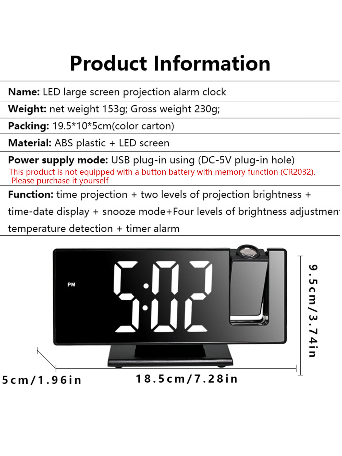 Luminous Silent Multi-function Projection Alarm Clock with Large LED Screen - Perfect for Home and Office Use