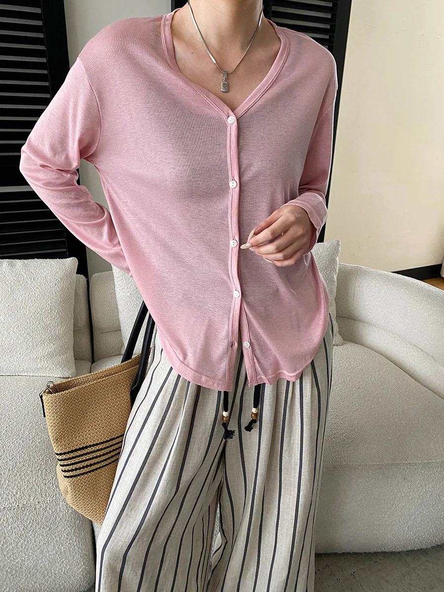 

Spring and summer women's casual solid color V-neck long sleeved sunscreen cardigan