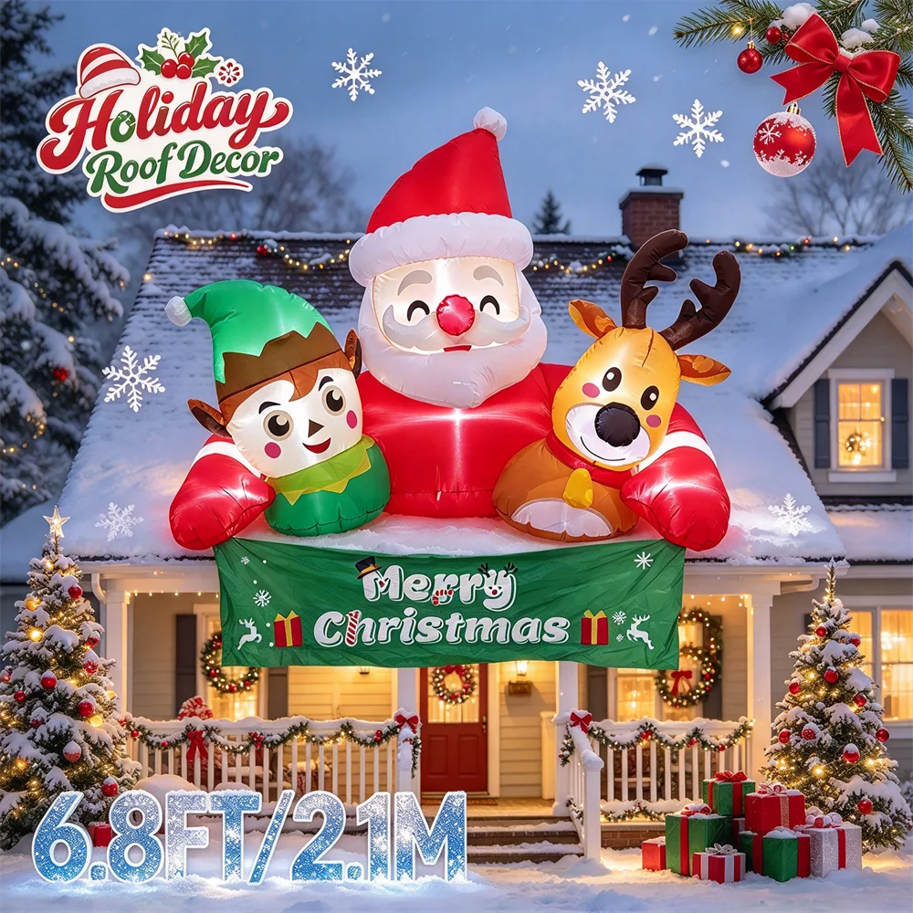 6.8FT Christmas Inflatables Outdoor Decoration Santa Claus Elf Reindeer Yard Decor With LEDs For Holiday Garden Winter Party