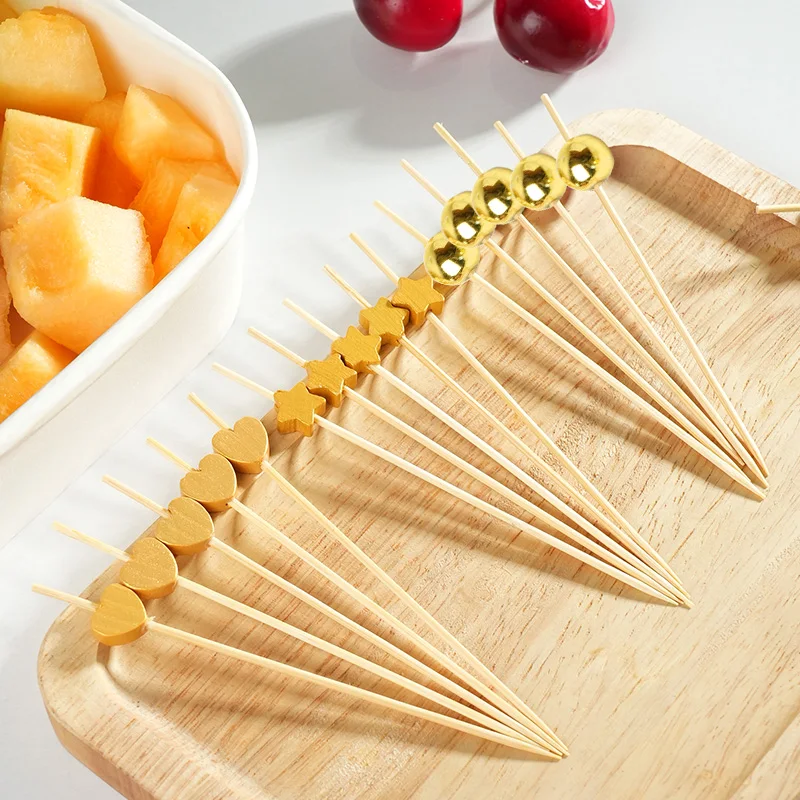 100 peças palitos de bambu dourados, coquetel, aperitivo, palitos de arte de frutas para bebidas, palitos de comida de madeira, materiais de decoração