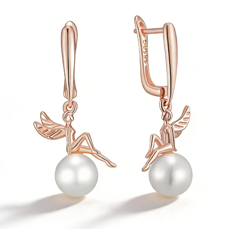 Kinel Luxus 585 Roségoldfarbene Engel-Perlen-Tropfenohrringe für Damen Mode Brautaccessoires Hochzeitsschmuck 2026 Neu