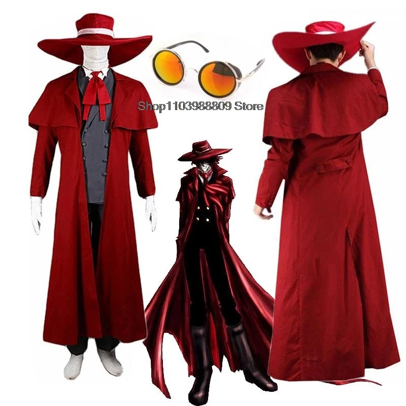 Anime Hellsing Alucard Costumi Cosplay Cappotto lungo rosso Cappello Guanti Accessori Set uniformi Uomo Donna Vestiti per Halloween