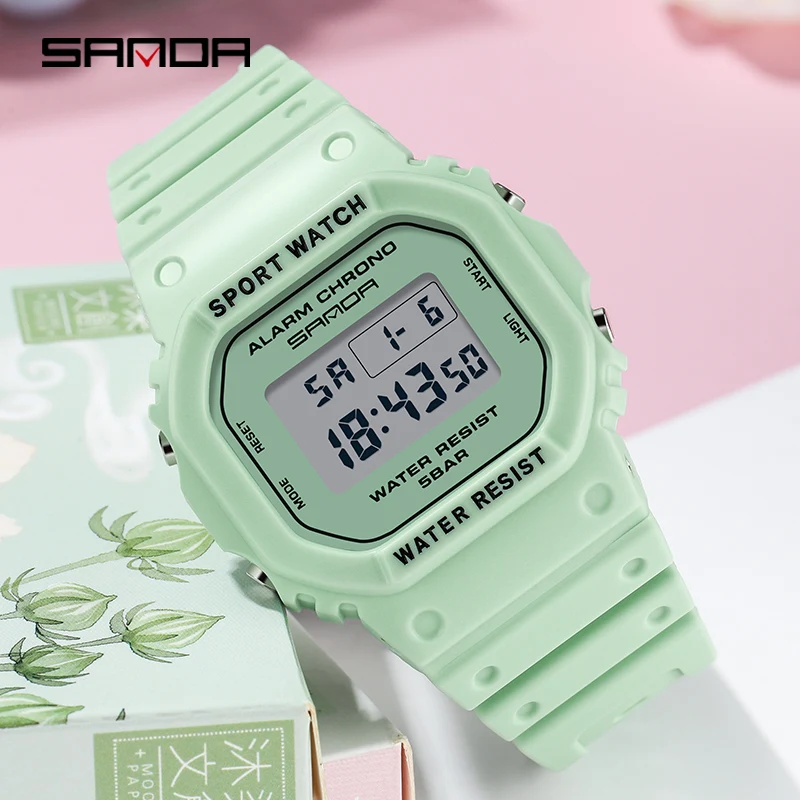 

SANDA Womens Watches Outdoor Sports Watch Matcha Green Strap HD LED Digital Display Electronic Watch 50M Waterproof Reloj 293