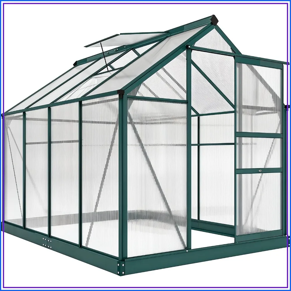 6 x 8 ft Pocarbonate Greenhouse, Aluminum W-in with Rain Gutter, Roof Vent, Sliding Door, Dark Green