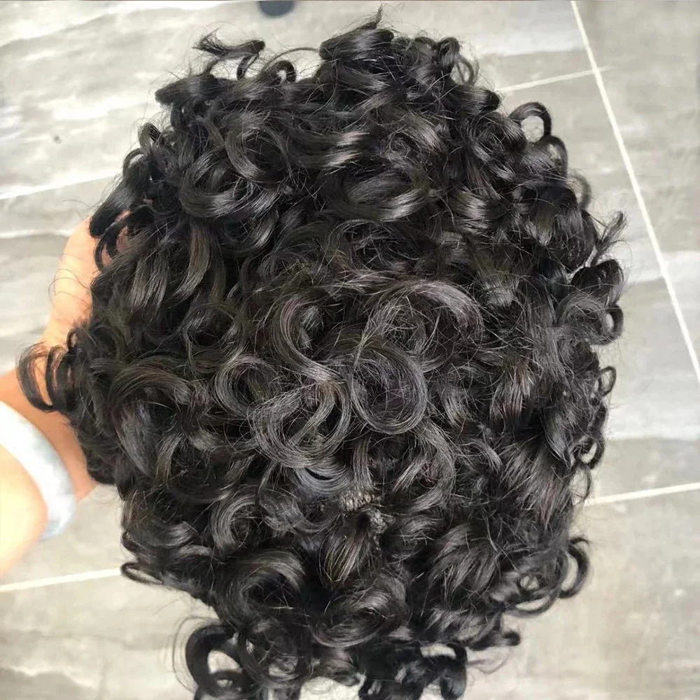 เส้นผมธรรมชาติ 20 มม.Afro Curly 100% วิกผมมนุษย์ผู้ชาย Toupee ผิวบาง PU Capillary prosthesis เปลี่ยนระบบวิกผมชาย