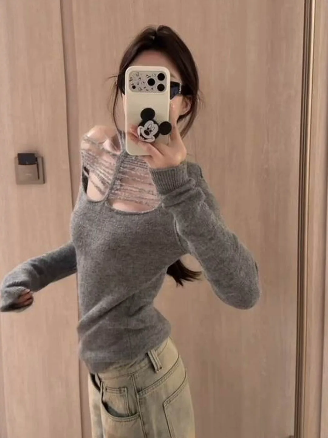

Slimming Effect Knitted Sweater Korean Sle Women's Faionable Unique Top Spring 2026 Long Sve Mid-Thi Color