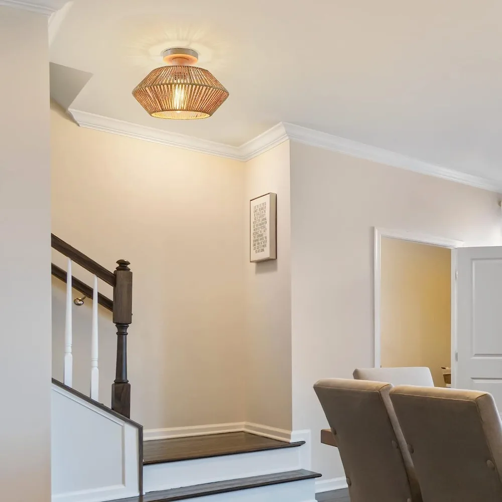 Led Rattan Ceiling Light Chinese Style Lampshade Hemp Rope Design Ceiling Light Fixture for Home Living Room Decorative Lighting