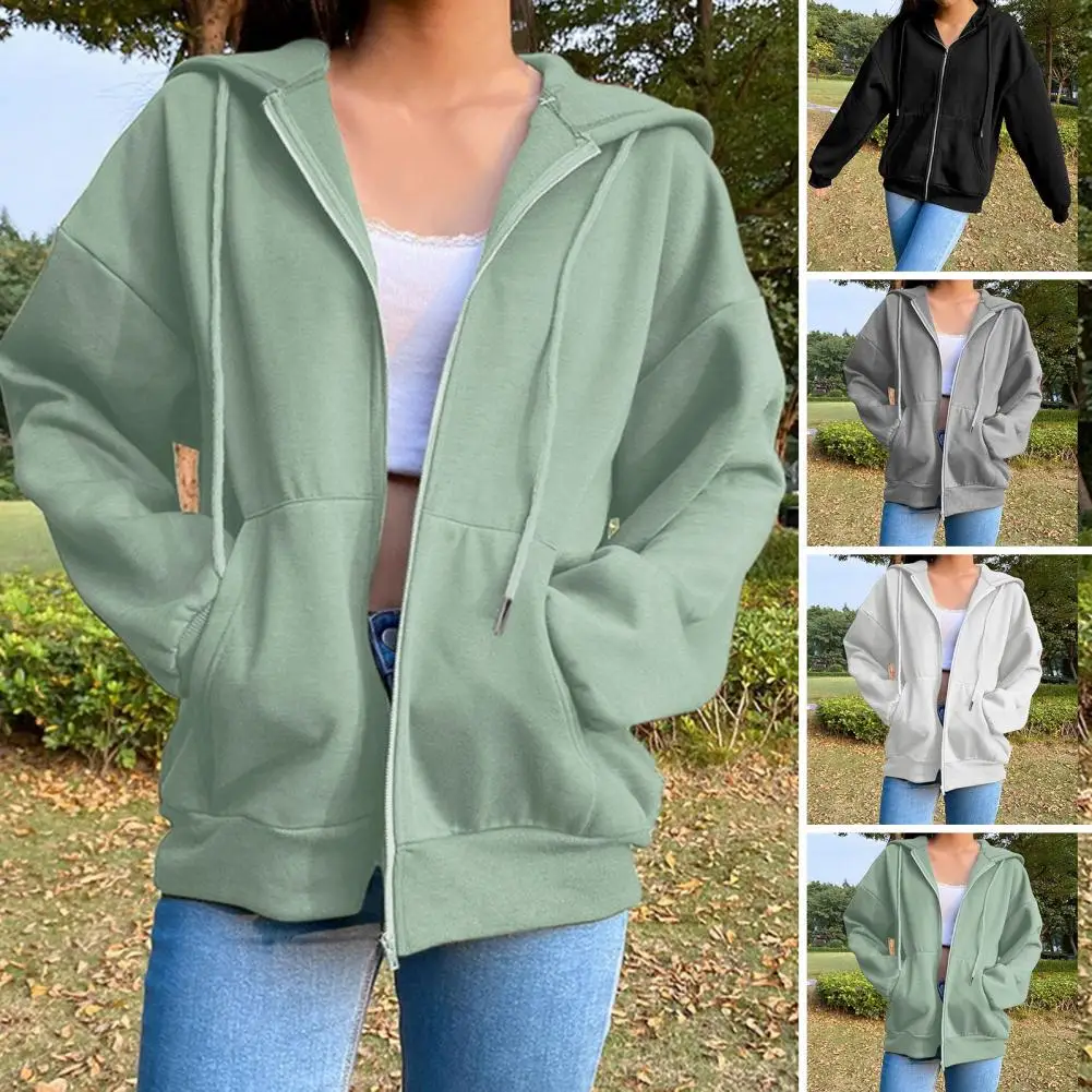 Women Autumn Coats Solid Color Loose Zip Up Pockets Long Sleeve Hooded Elastic Cuff Hoodie Jackets for women куртка женская