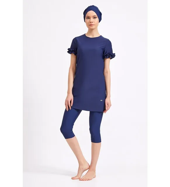 

Adasea Dark Navy blue semi -closed short sleeve hijab swimsuit