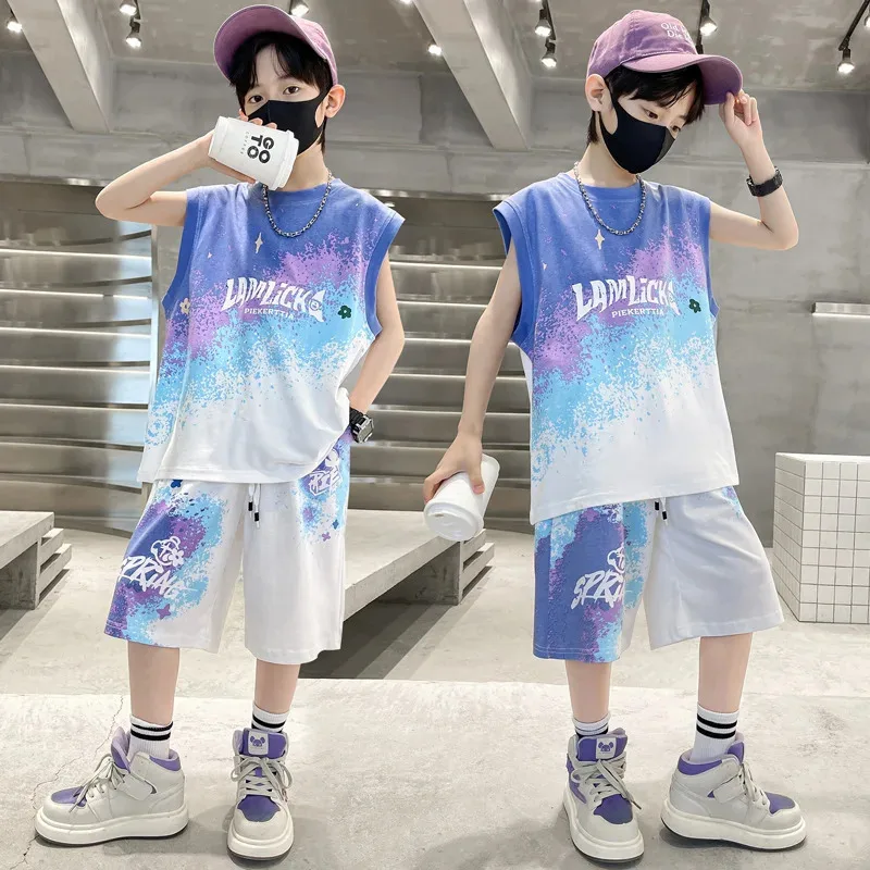 

Children's Set Boys Summer Gradient Vest Sports Suit Short-sleeved Top + Shorts 2-piece Set Loose Casual Outer Wear Loungewear