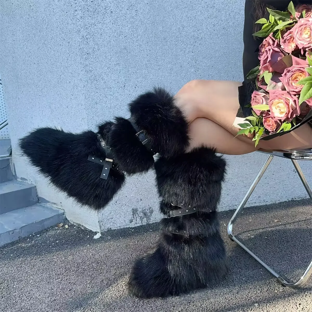 Y2K пикантные высокие зимние сапоги с перекрестным поясом, длинные сапоги на меховой подкладке, черные теплые зимние ботинки из искусственной кожи в стиле ретро для модных девушек