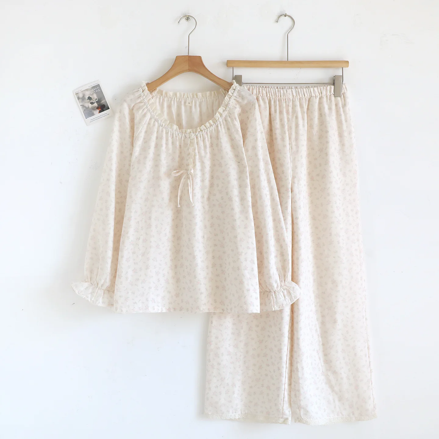 Women's Summer Pullover Pants Pajama Set Cotton Double Layer Gauze Round Neck Floral Long Sleeve Loose Home Clothes