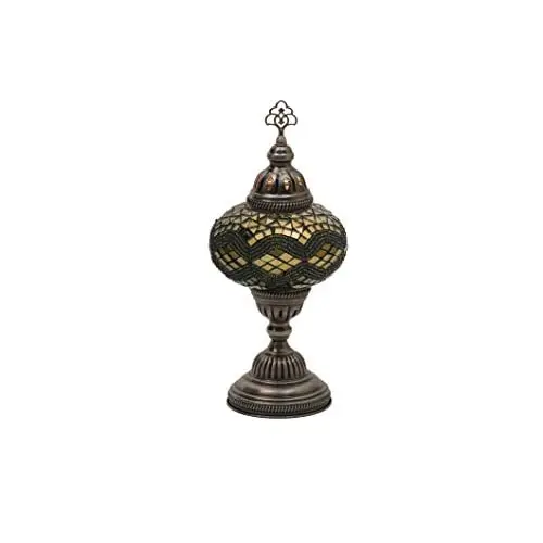 LaModaHome English Moroccan Handmade Mosaic Glass Table Lamp Light with Decorative Dark Copper Fixture for Bedroom, Livingroom a