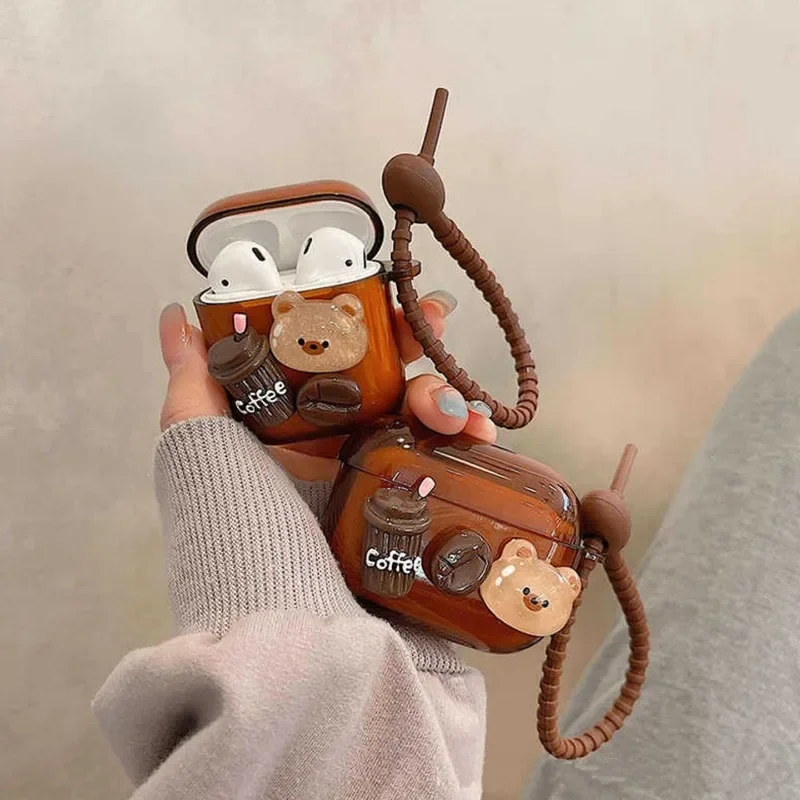 Retro three-dimensional coffee Teddy bear Headphone cover apply Apple airpods pro Second generation Headphones Protective cover