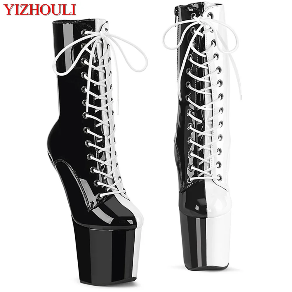 

No heel 20cm fun hate sky high pole dancing heels, lace-up patchwork color waterproof platform nightclub catwalk low boots