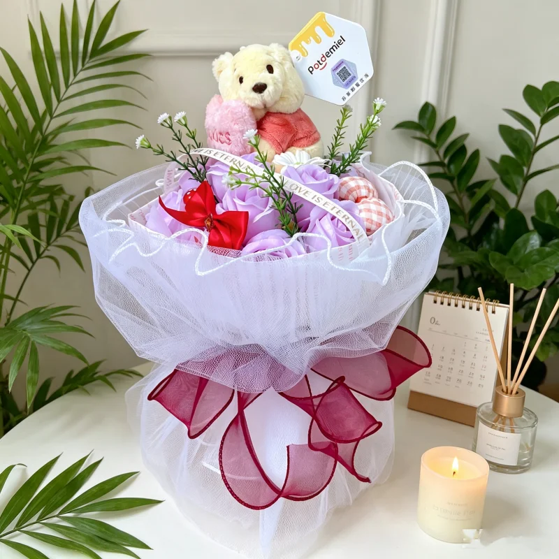 Echte Stitch Mickey Mouse Winnie Plüschpuppen mit Künstlichem Kreativem Blumenstrauß Valentinstag Weihnachten Abschlussgeschenke – Detail 5
