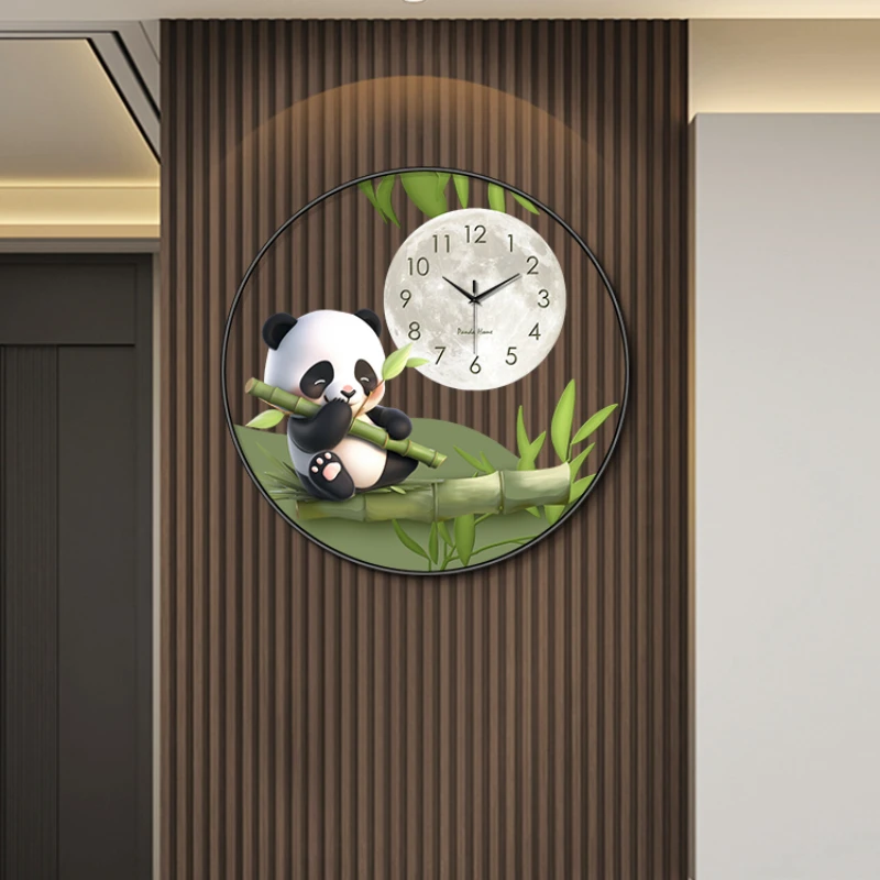 Circular Transparent Panda Clock Living Room Dining Room Foyer Decorative Painting Creative LED Wall Lamp