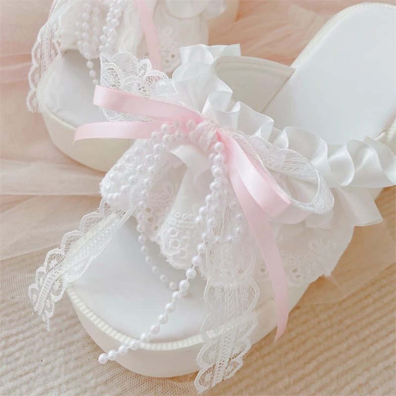 Japanese Original Lolita Sweet Girl White Wedge Slippers Elegant Girl Lace Bow Outside Wearing Cool Slippers