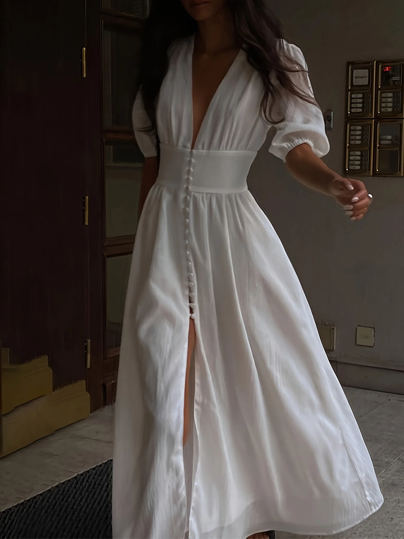 

White Sexy Single-Button Women's Dress Elegant Short-Sleeve V-Neck Party Gown Casual Slimming Midi Skirt for Ladies Spring Summe