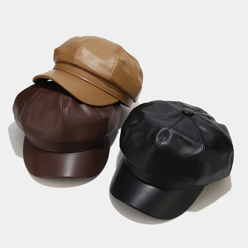 Women Glossy Leather Octagonal Hat for Autumn and Winter Korean British Style Retro Casual Solid Color Peaked Hat Fashion Pu Hat