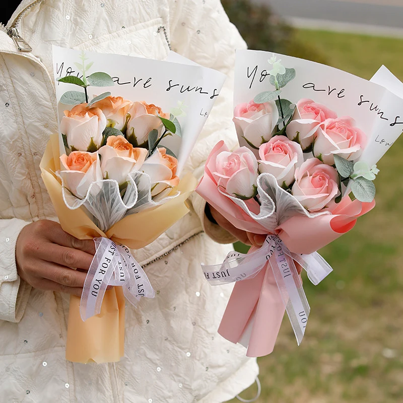 Soap Flower Bouquet Artificial Rose Flowers Wedding Valentine's Day Gift Finished Fake Flower Bouquet Graduation Gift 꽃다발