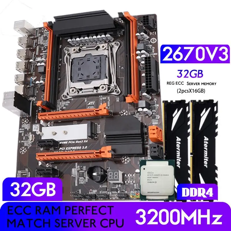 Go! Atermiter Motherboard Kit Set With LGA 2011-3 Xeon E5 2670 V3 CPU Processor 32GB DDR4 3200MHz REG Ecc RAM Memory Combo