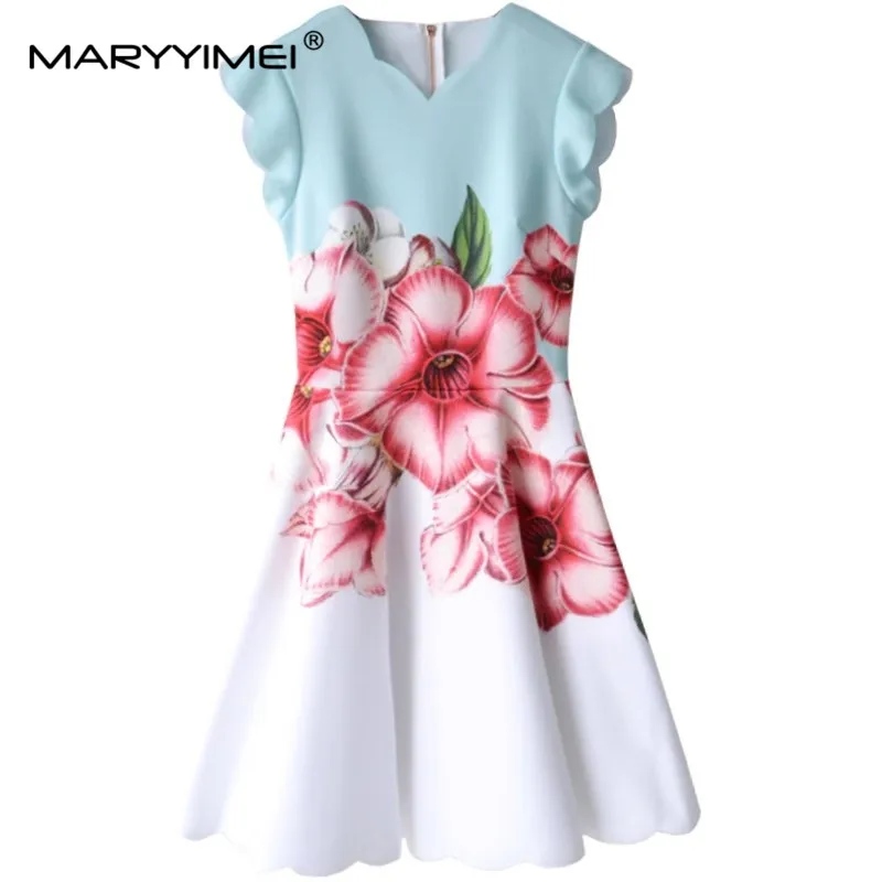 

MARYYIMEI Fashion Designer Summer Women's dress V-neck Butterfly Sleeve Floral-Print Slim Elegant Holiday Dresses