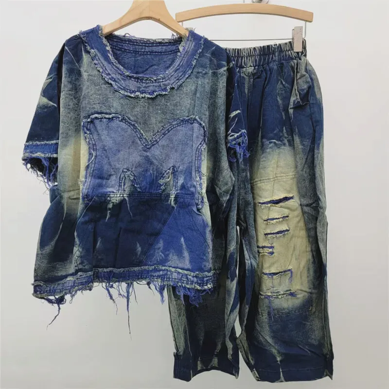 WTHT, trajes Vintage a la moda para mujer, camiseta vaquera de manga corta de retazos, conjunto de pantalones vaqueros sueltos de cintura alta para mujer, primavera 2025, 1LS884