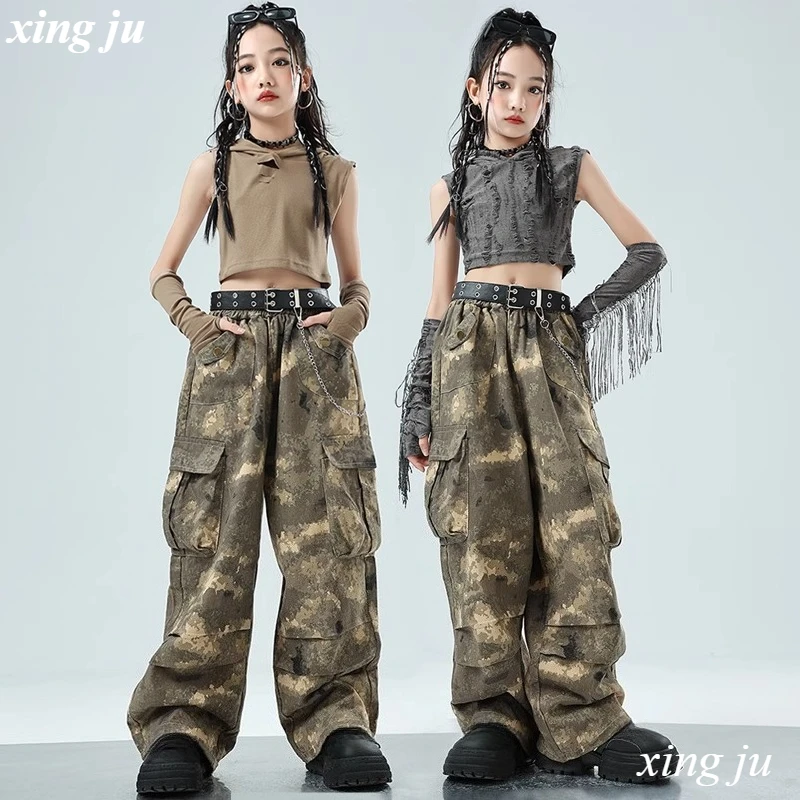 

Детский джазовый костюм для девочек, свободные камуфляжные брюки для уличных танцев, короткие топы с капюшоном, детская одежда в стиле хип-хоп, комплекты для выступлений на сцене