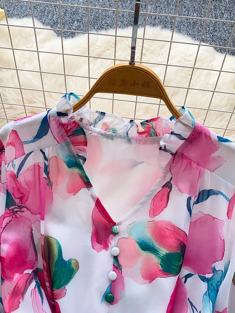 Vestido de primavera y verano para mujer, estilo de vacaciones en la playa, cuello en V, estampado Floral, mangas acampanadas, botón, hongo, mini vestidos cortos DS265