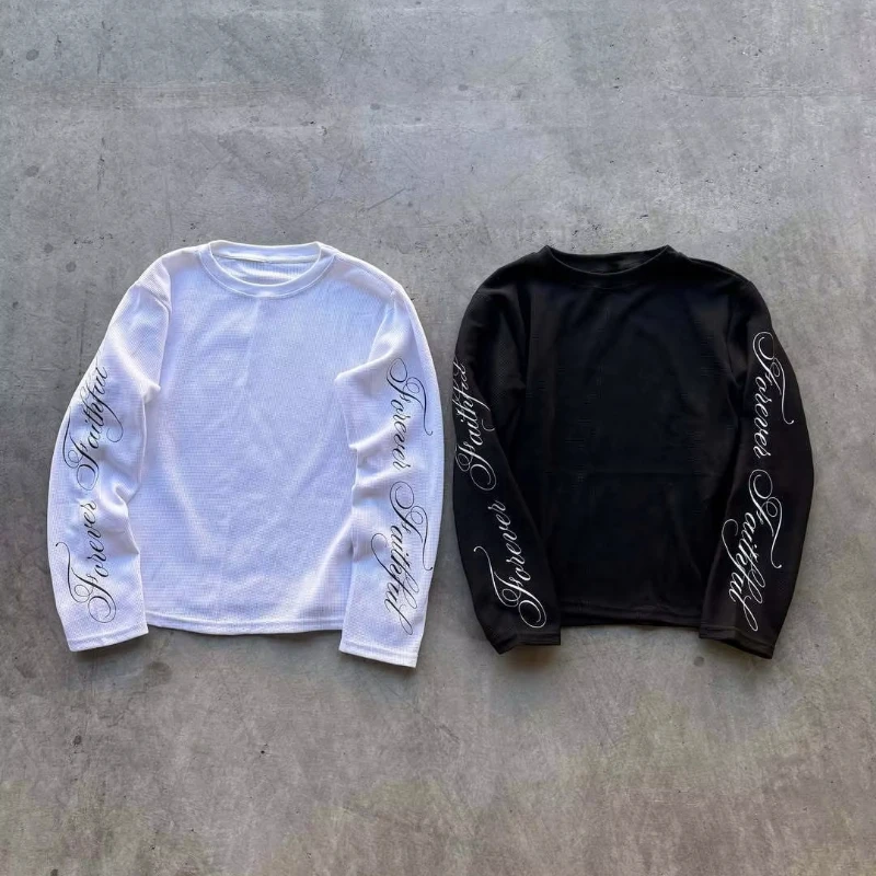 American Retro Y2K Personalized Pure Colour Print Color Blocked Round Neck Sweatshirt Harajuku Long Sleeved Pullover Base Shirt