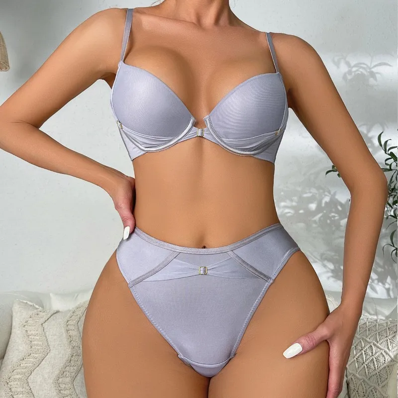 Sexy Mesh Smooth Chest Gathering Bra donna sottile sotto spessa Mold Cup Lingerie Set biancheria intima erotica solida femminile tutti i giorni