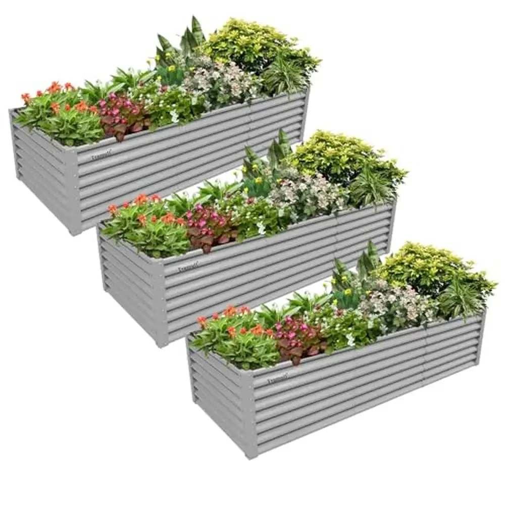 3-Pack Galvanized Raised Garden Bed Kit Rectangular Metal Ground Planter Box Outdoor Bottomless Planter Beds Anti-Rust Coating