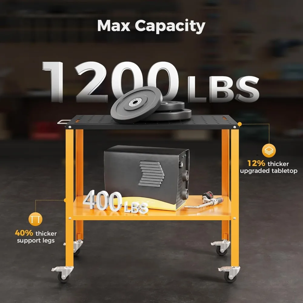 طاولة لحام شديدة التحمل مقاس 36 × 18 بوصة مع لمسة نهائية من أكسيد الأسود وعجلات قابلة للقفل وصينية تخزين وأربعة أدوات متضمنة