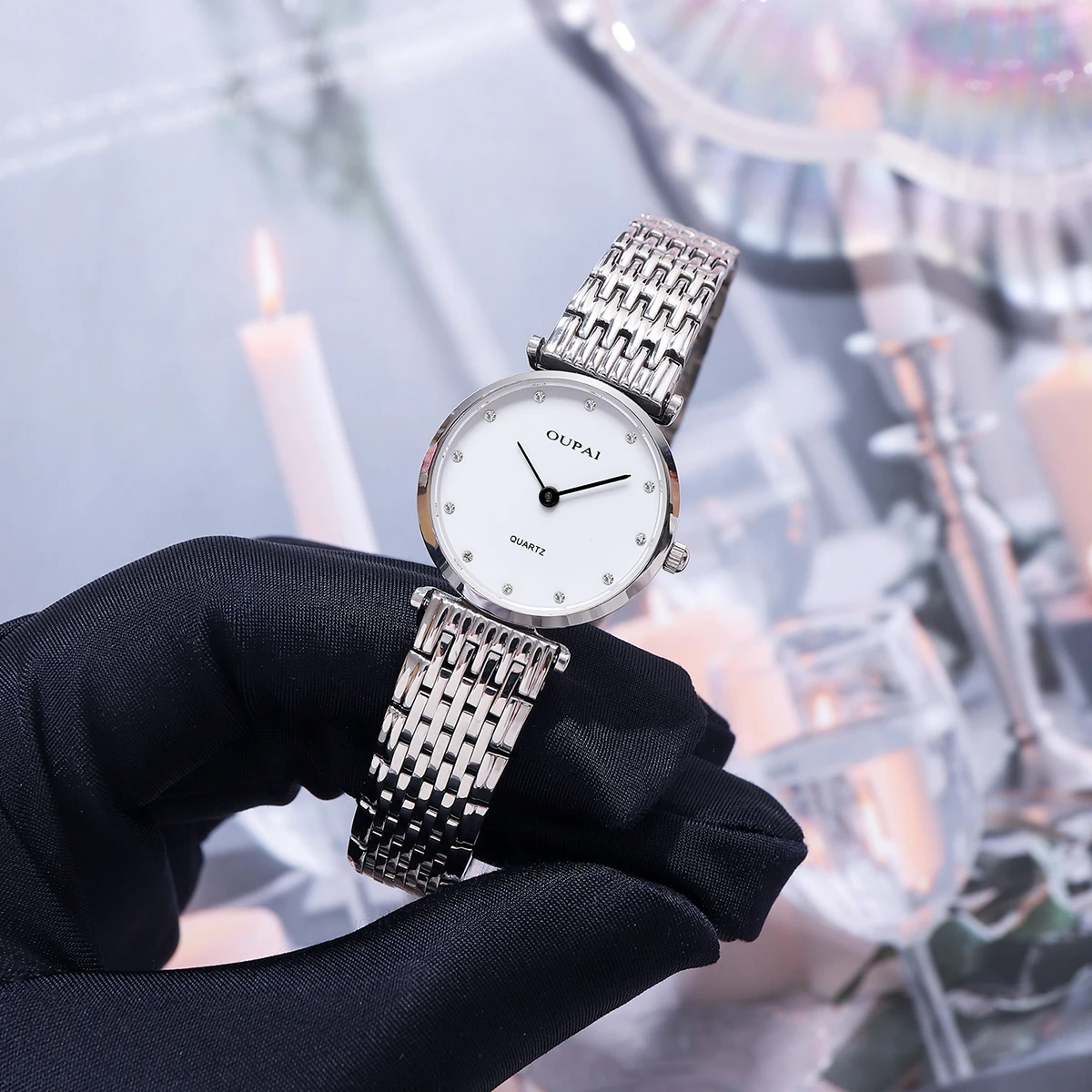 OUPAI круглые женские кварцевые часы из нержавеющей стали, повседневные маленькие и изысканные женские часы со шкалой со стразами