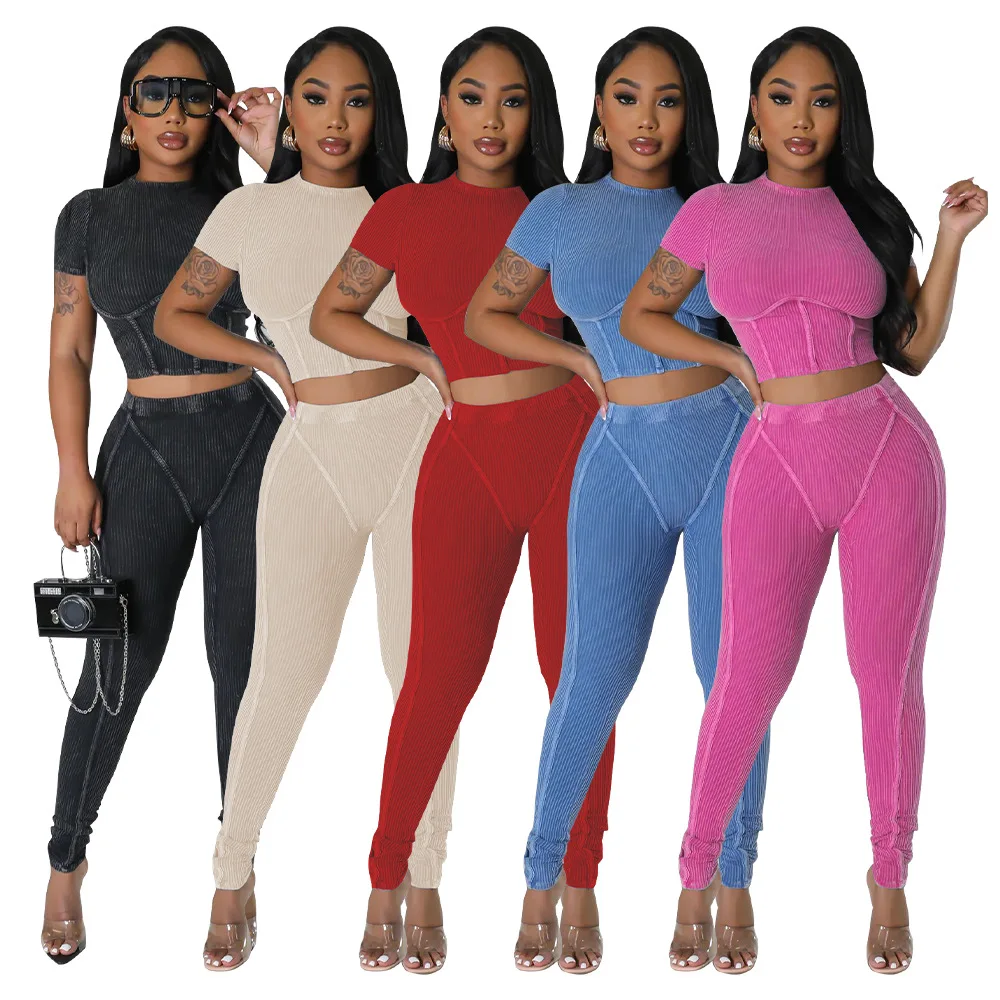 

K10514stripe sports two-piece set round neck tight sexy women's new Europe and the United States big size women's fashion trends