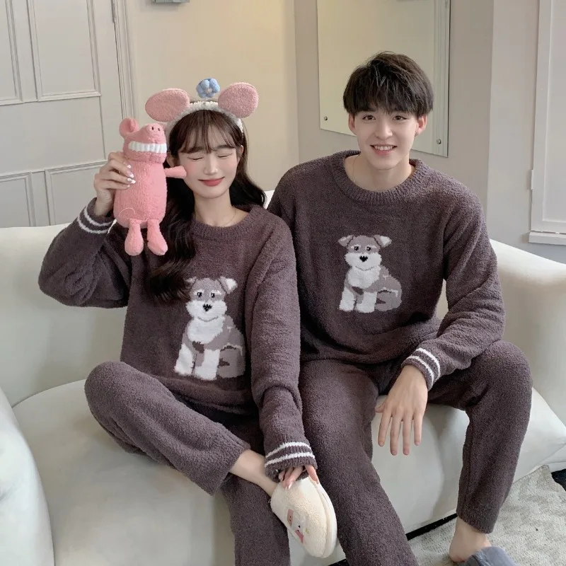 2024 New Japanese Kawaii Cartoon Dog Jacquard Women Pajamas Autumn Winter Warm Thick Warm Home Wear Long Sleeve Lounge Sets