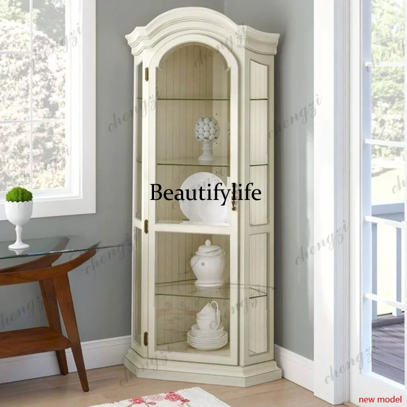 Asmt114French solid wood retro wine cabinet, living room corner glass cabinet, American small apartment model room storage and d