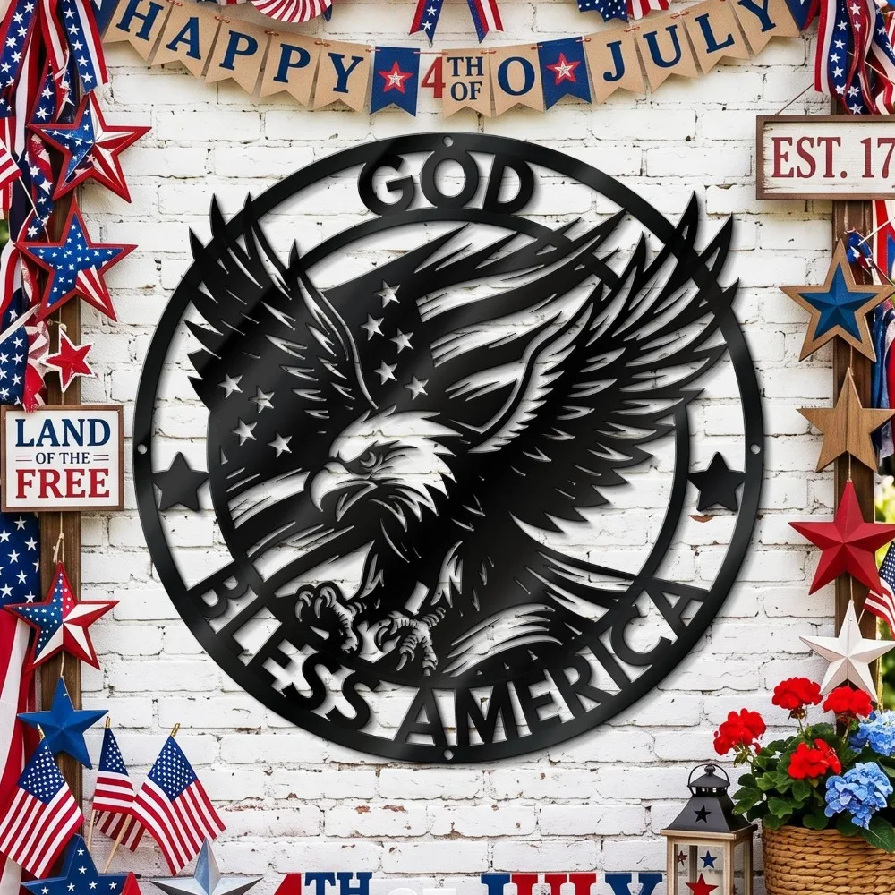 CIFBUY Engraved Bald Eagle Sign Metal Wall Art, Patriotic USA Flag & Christian Faith Hanging Decor for Living Room & Bedroom