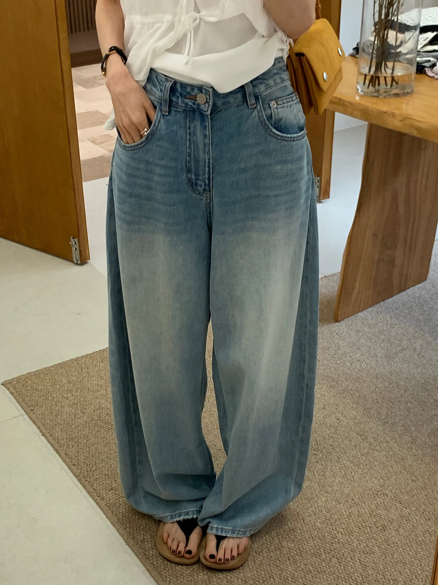 

High Waist Loose Fit Drapey Blue Denim Jeans Women's Spring New Style Wide Leg Pants Korean Fashion High Waist Jeans