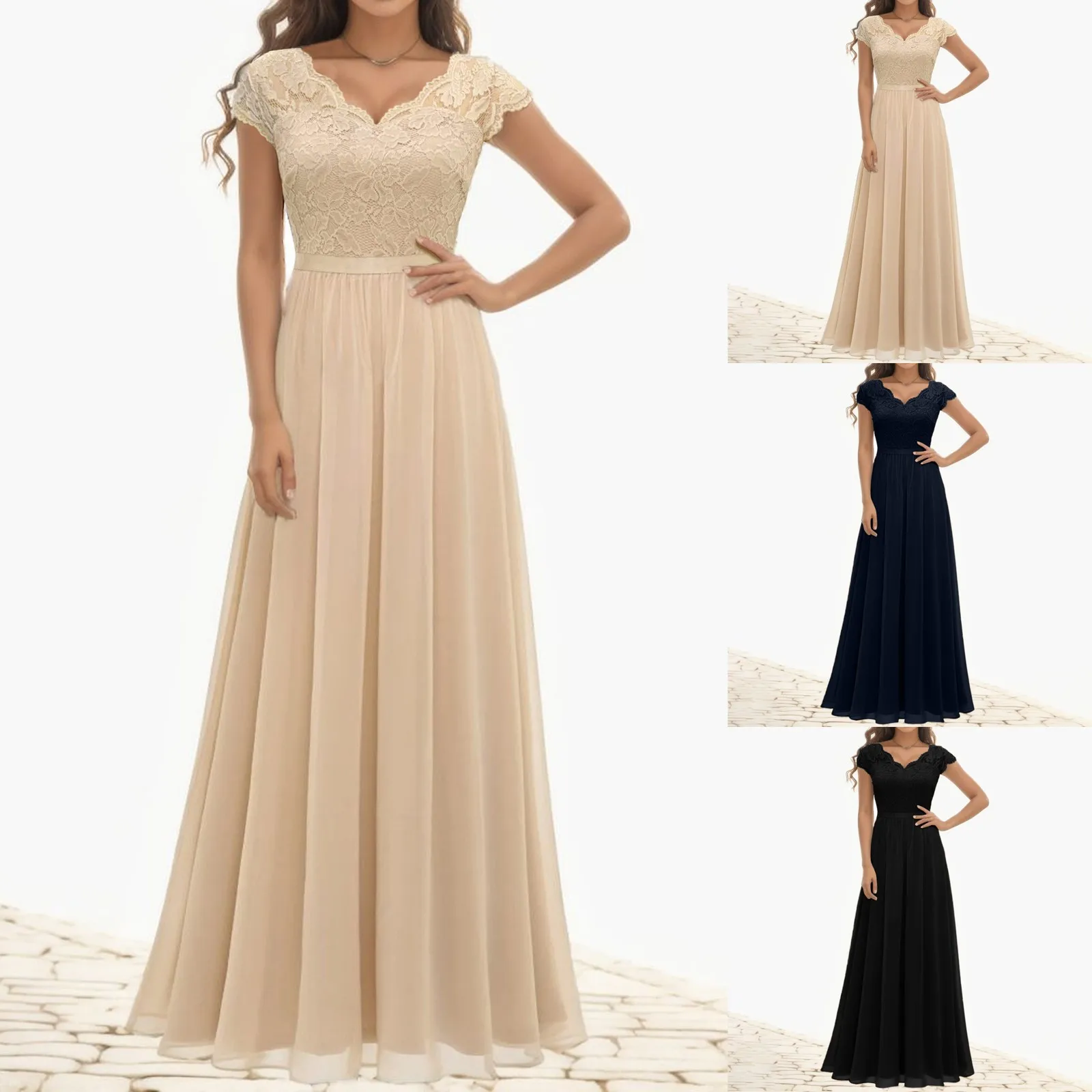 Elegante Frauen Party Brautjungfer langes Kleid Spitze Patchwork Chiffon ärmellose Hochzeit V-Ausschnitt ein Stück formelle Party Midi-Kleid