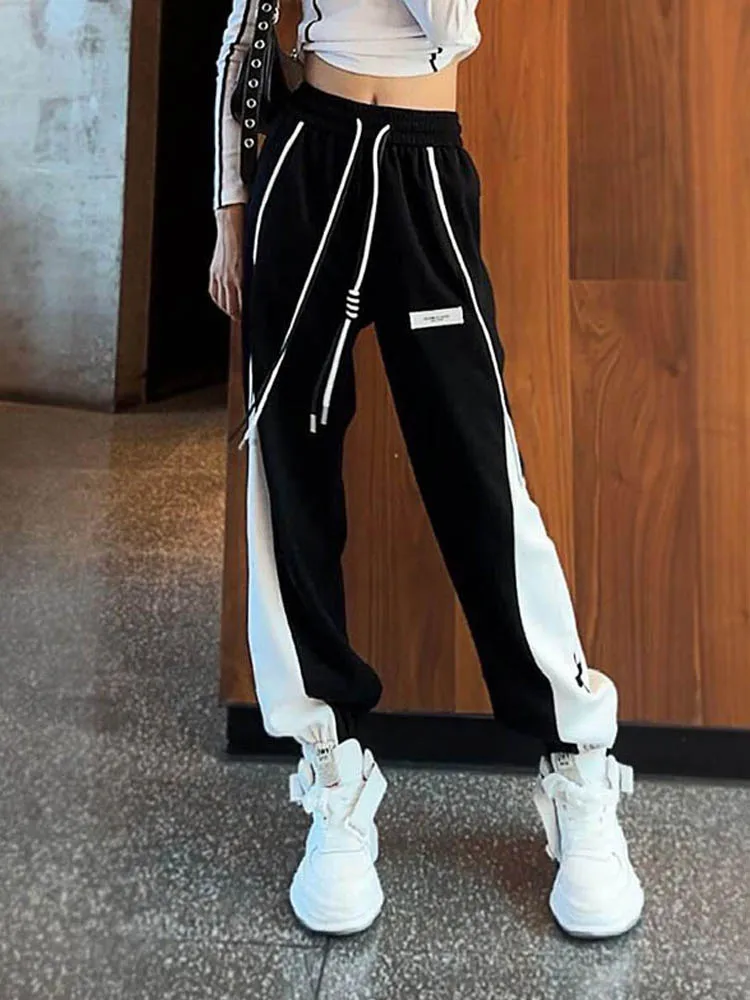 

Женские осенние спортивные брюки с высокой талией на флисовой подкладке, свободного кроя, удобные, модный дизайн, пэчворк