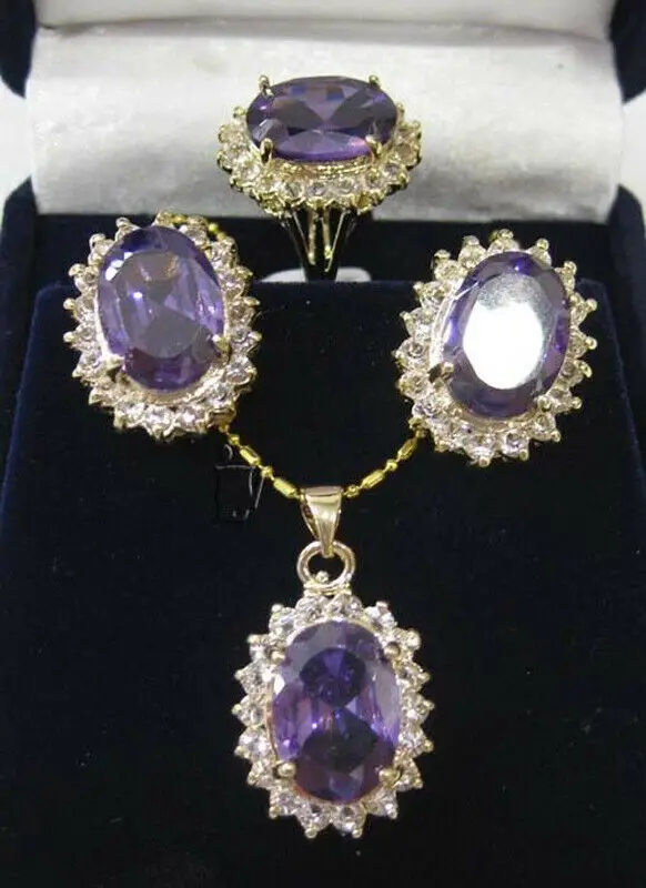 

Faceted Russican Amethyst pendant necklace earrings ring set AAA Top Grade