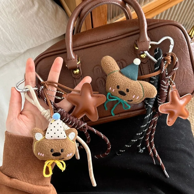 Cartoon plush teddy bear doll pendant, high-end coffee color backpack bead chain keychain decoration