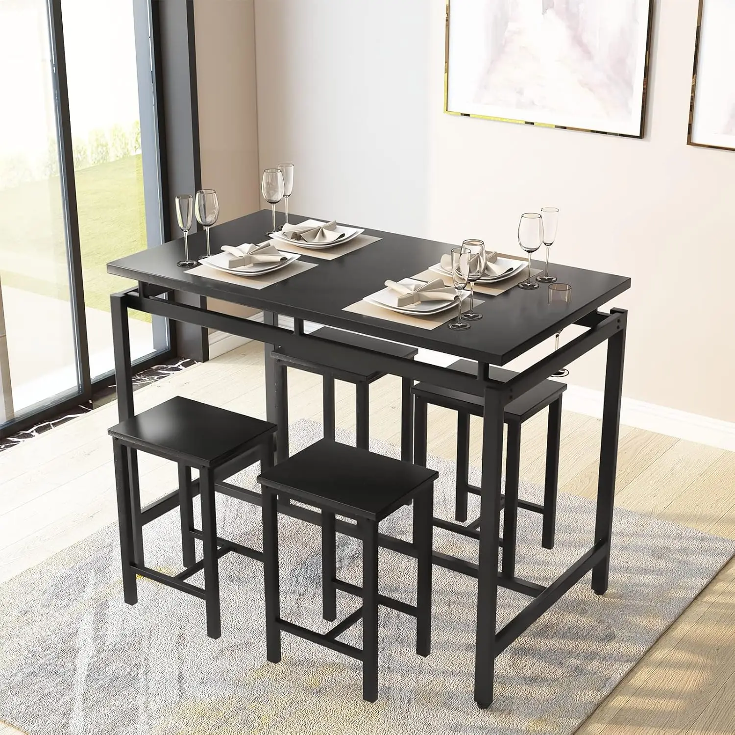 NEW 5 Pieces Dining Table Set for 4,Black Bar Table Set with 4 Bar Stools Counter Height Bar Table and Chairs Set. Wood Pub