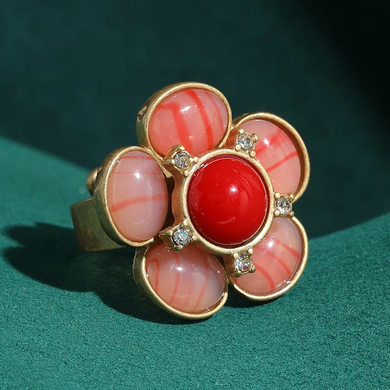 

Vintage Pink Natural Stone Flower Ring Gold Color Adjustable Luxury Jewelry Charms Fashion Trendy Thanksgiving Wedding For Woman