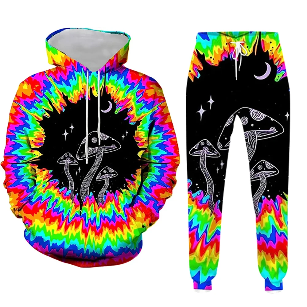 Magic Mushroom 3D Vintage Print Two-Piece Hooded Sweatpants for Men Fall/winter Casual Street Vintage Men's Fashion Sweatshirt