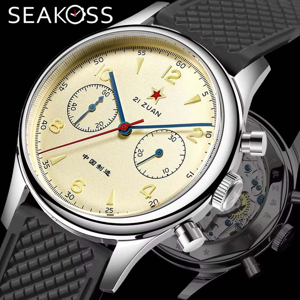 SEAKOSS 38 مللي متر 40 مللي متر للرجال 1963 كرونوغراف FKM سيليكون ساعة ميكانيكية الطيار النورس ST1901 حركة سلاح الجو الطيران الياقوت #1