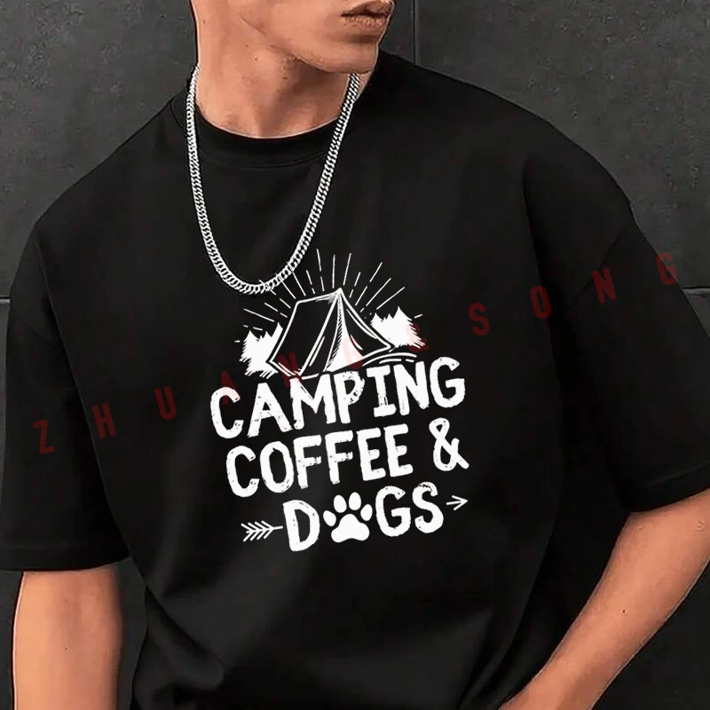 

Camping Coffee & Dogs TShirt Vintage Clothes Plain Mens Funny T Shirts Casual Clothing Harajuku