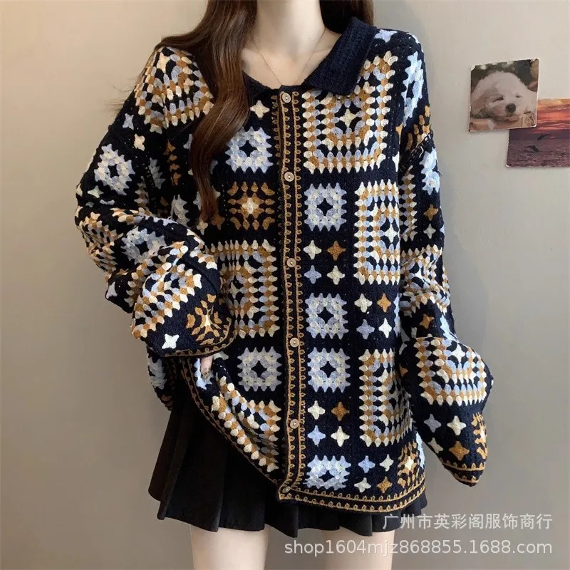 سترة نسائية محبوكة برقبة بولو من قماش الجاكار العرقي للسيدات والفتيات مقاس كبير ملابس غطاء سترة جميلة للخريف والشتاء #5